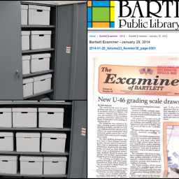 Magazine boxes, the Barlett Public Library logo, and a scan of the Examiner