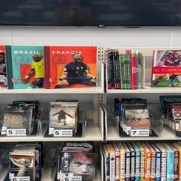 Shelves with multilingual books and DVDs