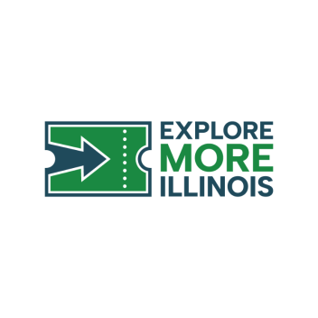 New Explore More Illinois logo in green and blue with ticket motif