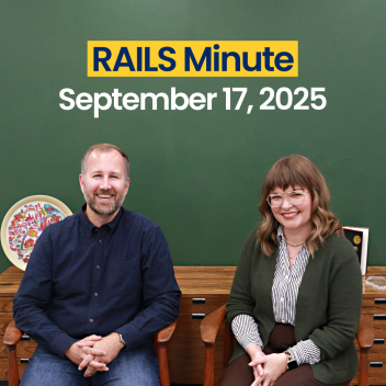 Dan and Monica sit in chairs. Rails Minute. September 17, 2025.