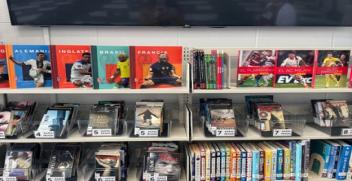 Shelves with multilingual books and DVDs