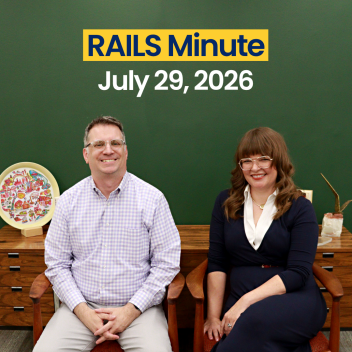 Joe Filapek and Monica Harris sit in chairs. Rails Minute. July 29, 2026.