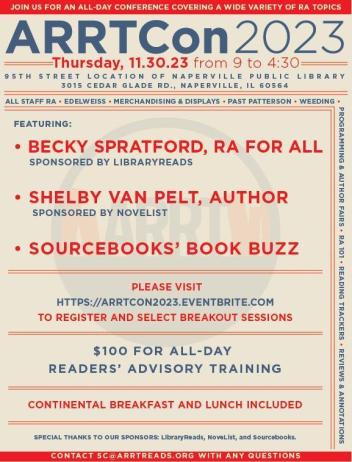 ARRTCon 2023 flyer listing the keynote speakers (Becky Spratford and Shelby Van Pelt), and breakout session topics (Merchandising and displays, programming, RA 101, etc.)