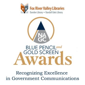 Blue Pencil and Gold Screen Award in gold and blue text with Fox River Valley Public Library logo