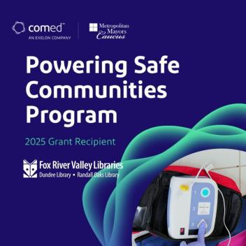 ComEd grant with AED machine. Graphic in blue hues.