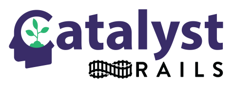 RAILS Catalyst logo. The letter C takes the form of a partial human head silhouette with a plant growing inside.